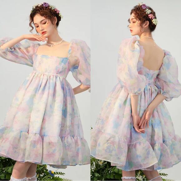 Selkie Dresses & Skirts - SELKIE French Puff Tulle Organza Floral Midi Dress in Watercolor Size XS